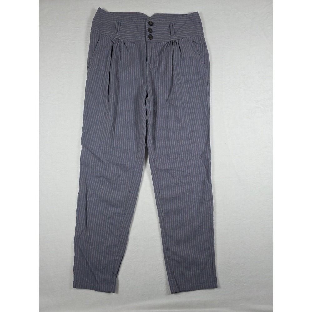 Sundance Amelia Linen Blend Pinstripe Trousers 6 Blue High Rise Coastal Boho
